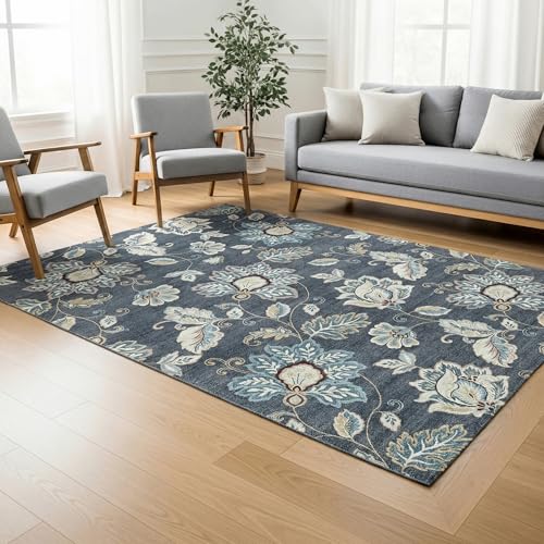 Gertmenian Indoor Easy-Care & Washable Area Rug – 5x7 Standard, Ideal for High Traffic Areas in Living Room, Bedroom, Entryway – Eunice Navy, 25978