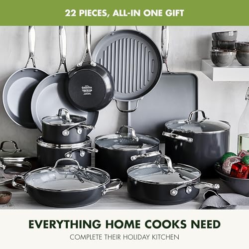 GreenPan 22 Piece Valencia Pro Ceramic Nonstick Cookware Set, PFAS-Free, Induction Ready, Hard Anodized Pots & Pans with Lids, Compatible on All Cooktops, Dishwasher & Oven Safe, Gray