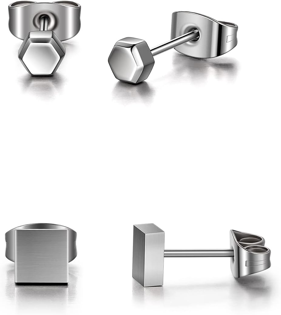 Pure Titanium Earrings Studs Set, Small Hexagon Square Earring Hypoallergenic for Sensitive Ear, Minimalist Simple Titanium Stud Earring Charms Thanksgiving Day Christmas Day Jewelry for Women