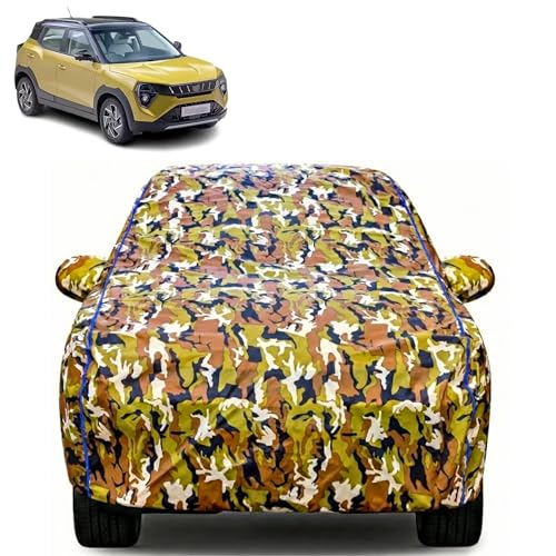 Image of Waterproof Car Body Cover for Mahindra XUV 3X0 with Mirror Pocket| Cotton Inner Lining | Triple Stitched | All Weather Protection | Dust, UV & Rain Proof (Camouflage with Blue Piping)
