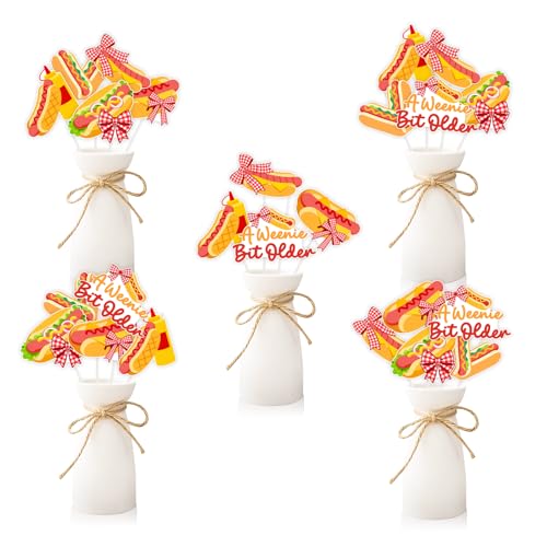 Balterever 24pcs A Weenie Bit Older Birthday Centerpieces Sticks Hot Dog Birthday Party Decorations Retro Bbq Cookout Theme Table Decorations for Bbq Supplies