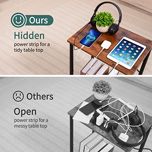 Yoobure Side Table With Charging Station, End Tables Living Room Set Of 2, Industrial 2 Tier Nightstand With Usb Ports, Rustic Narrow Bedside Table With Storage Shelf For Bedroom, Office, Small Spaces #TOP5