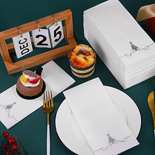 100 Pack Christmas Disposable Guest Napkins 12 x 17 Inch Silver Foil Christmas Trees Napkins Xmas Tree Hand Towels for Bathroom Kitchen Weddings Christmas Holiday Party – Image 4