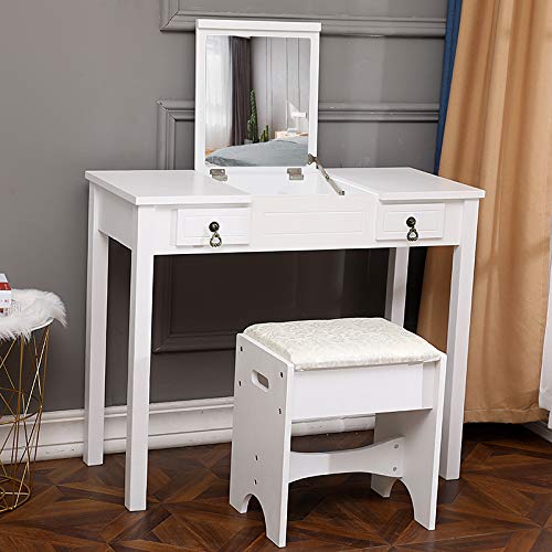 ZDMATHE Vanity Set with Flip Top Mirror Makeup Dressing Table Writing Desk with 2 Drawers Cushioned Stool, Vanity Makeup Table with Removable Organizers (White)
