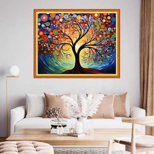 Image of Findvoor Stamped Cross Stitch Kits for Beginner Embroidery Kits for Beginners Adults DIY 11CT Cross Stitch Patterns Needlepoint Kits Crossstitching Kits-Van Gogh Colored Tree 16x20 inch