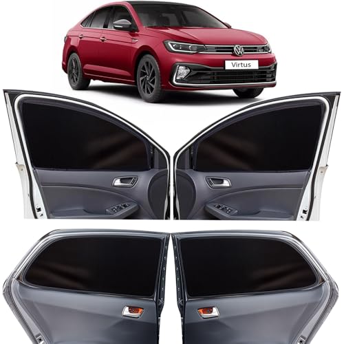 Image of OTO2EYE Car Sun Shade Compatible for Volkswagen Virtus Model 2022 to 2024, Z-Black Super Magnetic Grip, Front Window Zipper, Side Window Curtains, 4 Pieces Set