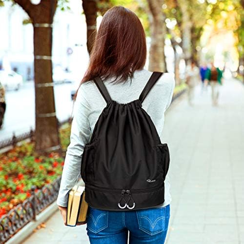 RYACO Drawstring Backpack Sports Gym Bag, Water Resistant String Sackpack Large Size with Zipper and Water Bottle Mesh Pockets for Gym Shopping Sport Yoga School Swimming Beach
