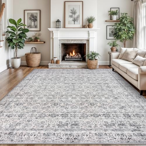 Vintage 9x12 Area Rugs for Living Room Grey Blue White, Machine Washable Large Area Rug Non-Slip, Ultra Soft Floral Tribal Traditional Farmhouse Carpet for Dining Room Bedroom Home Décor