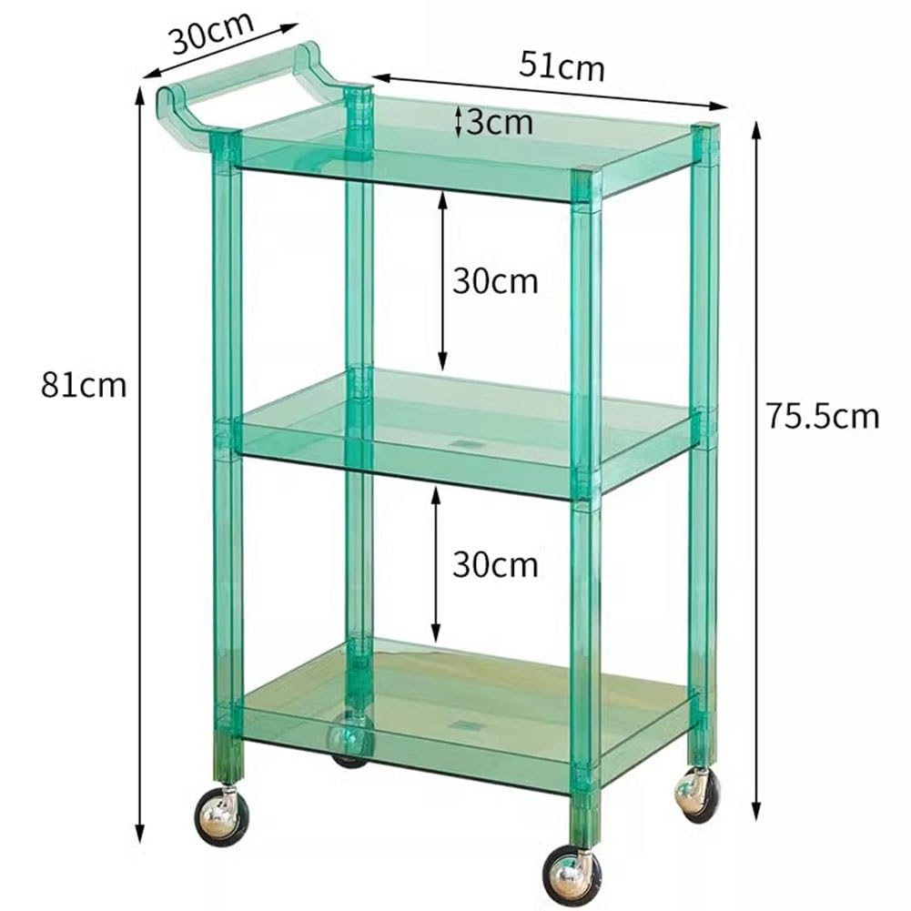Carrito de salón con almacenamiento acrílico y ruedas, carrito de peluquería multiusos para esteticistas, organizador de 3 niveles, color verde