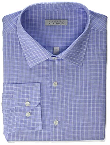 Perry Ellis Men's Modern Fit Spread Collar Dress Shirt, Light Blue Plaid, 15-15.5 34-35