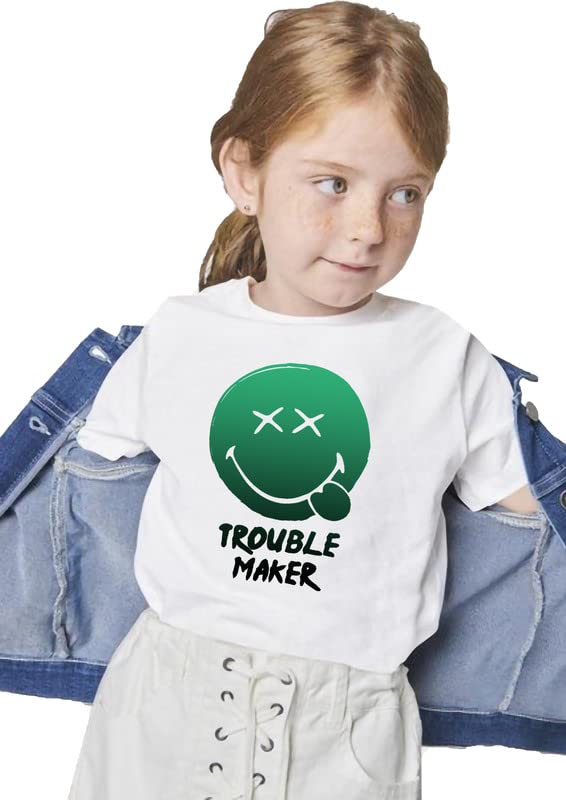 Epiko Regular Fit Trouble Maker Printed Girls Kids Tshirt | Funny Cartoon Printed Girls Tshirt White