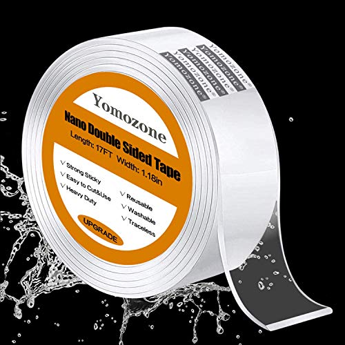 Yomozone Double Sided Tape Heavy Duty, Multipurpose Removable Adhesive Transparent Grip Mounting Tape, Washable Strong Sticky Nano Tape for Wall Carpet Photo Frame Poster Car Décor—17 FT