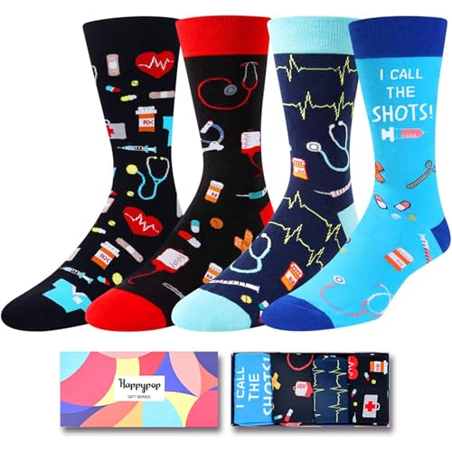 HAPPYPOP Men's Medical Socks, Doctor Gifts for Nurse, 4 Pack, Cotton, Crew, Regular, M,...