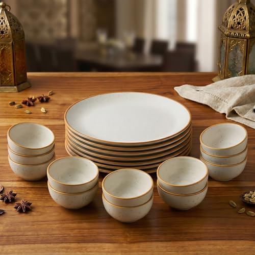 Image of The Earth Store White Matte Ceramic Dinner Set, 18 Pieces with 6 Dinner Plates & 12 Vegetable Bowls | Microwave & Dishwasher Safe | Crockery Set for Gifting & Dining