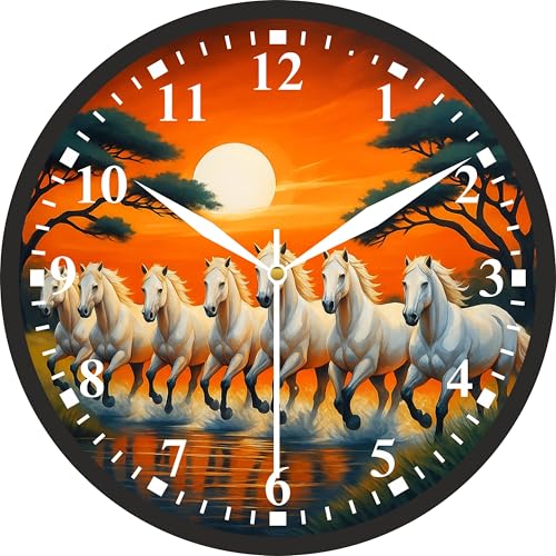 Image of 10 Inch-7 Running White Horses Wall Clock 10 Inch | Vastu Positive Energy Horse Clock for Living Room, Office, Shop & Reception | HD Printed Analog Wall Clock with Adhesive Hook