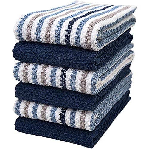 Premium Kitchen Towels (16”x 26”, 6 Pack) | Large Cotton Kitchen Hand Towels | Popcorn Striped Design | Dish Towels | 430 GSM Highly Absorbent Tea Towels Set with Hanging Loop | Blue