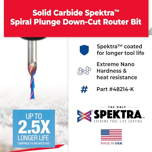 Image of Amana Tool 48214-K SC Spektra Extreme Tool Life Coated Spiral Plunge 3mm Dia x 12mm CH x 6mm SHK 50mm Long Down-Cut Router Bit