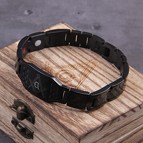 Masonic Black Bracelet Men Stainless Steel Hand Chain Id Bracelets Carbon Fiber Health Energy Bracelet For Men Lx5Bv (21.5Cm-Gold With Box) #TOP5
