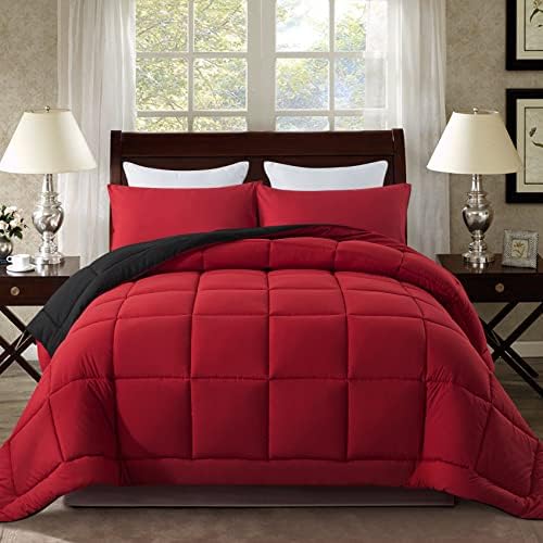 DOWNCOOL Full Size Comforter Sets -All Season Bedding Comforters Sets with 2 Pillow Cases -3 Pieces Bed Set Down Alternative Comforter Set -Red/Black Bedding Sets Full(82"x86")