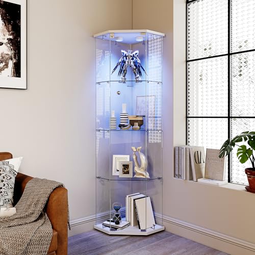QMTXBYJ Vitrine d'angle en Verre avec éclairage LED, 162cm Armoire de Collection en Verres à 4 Couches avec 1 Porte et Serrure, 5mm Verre trempé Transparent...