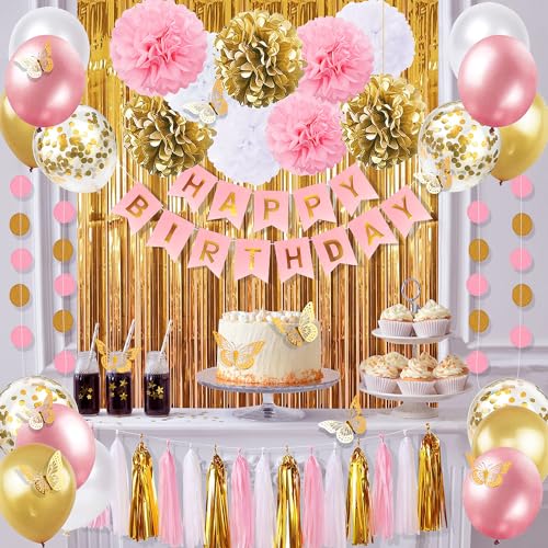 image for pugkloy Pink and Gold Birthday Party Decorations for Women with Happy 