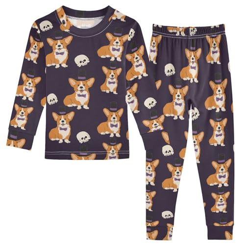 Fustylead Funny Halloween Corgi and Skull Pajamas Cotton Sleepover PJ Set Long Sleeve Lounge Wear