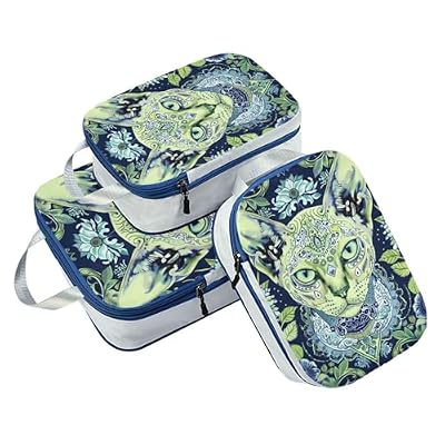 With Zipper 3 Set Packing Travel Organizer 100% Polyester Closet Storage Bag, Bohemian Green Cat (3 Set)