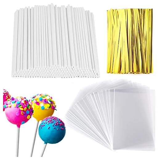 Cake Pop, 100 Piezas Bolsas Transparentes para Chuches + 100 Piezas Palitos para Cake Pops + 100 Piezas Bridas, Cake Pops DIY