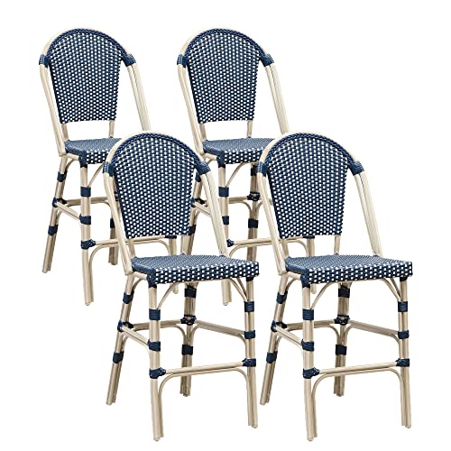 Image of PURPLE LEAF French Counter Height Bar Stool Set of 4 25 inch White Print Finish Patio Bar Chairs with Back Rattan Bar Chairs French Bistro Set for Kitchen Outdoor Counter Stool Royal Blue