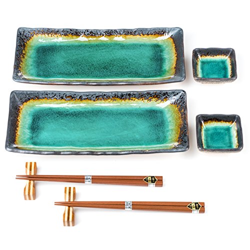 Zen Minded Japanese Sushi Plate Set with Sauce Dishes and Chopsticks - Crackleglaze