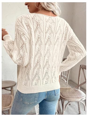 Image of SOLY HUX Women's Off The Shoulder Sweater Hollow Out Knit Boat Neck Long Sleeve Pullover Fall Tops Pure Beige Small
