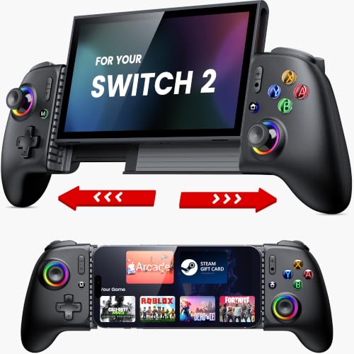 Mocagen Stretchable Switch 2 Controller for Nintendo Switch 2/1/OLED, Enhanced Grip, Hall Effect Joysticks &amp; Analog Triggers, 8 Color RGB Lighting, Turbo, Macros