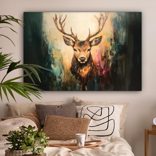 MuchoWow© Leinwandbilder Groß 120x80 cm XXL Wall Art Decoration Bilder für die Wand Schlafzimmer Deko Canvas Painting Wanddekoration Wohnzimmer Hirsch - Gemalt - Geweih - Braun