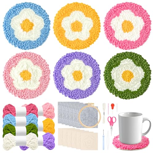 Image of WATINC Flower Punch Needle Coaster Kit - 22Pcs Easy Art Work Decor Craft Supply for Beginners, DIY Set of 6 Flowers Pattern Tufted Rug Pads with Adhesive Felt Yarns Embroidery Hoop Tools Instruction