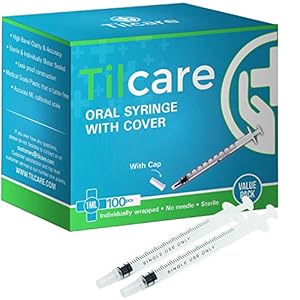 1ml Oral Dispenser Syringe with Cover 100 Pack by Tilcare – Sterile Plastic Medicine Droppers for Children, Pets & Adults – Latex-Free Medication Syringe Without Needle – Syringes for Glue and Epoxy