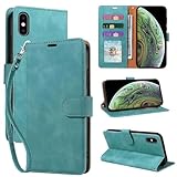 JHWVVTF for iPhone X Case Wallet, for iPhone Xs Case, [RFID Blocking 3 Card Slots] Soft PU Leather Phone Cover, Wrist Strap, Shockproof Protective, Stand Flip Cover (Green)