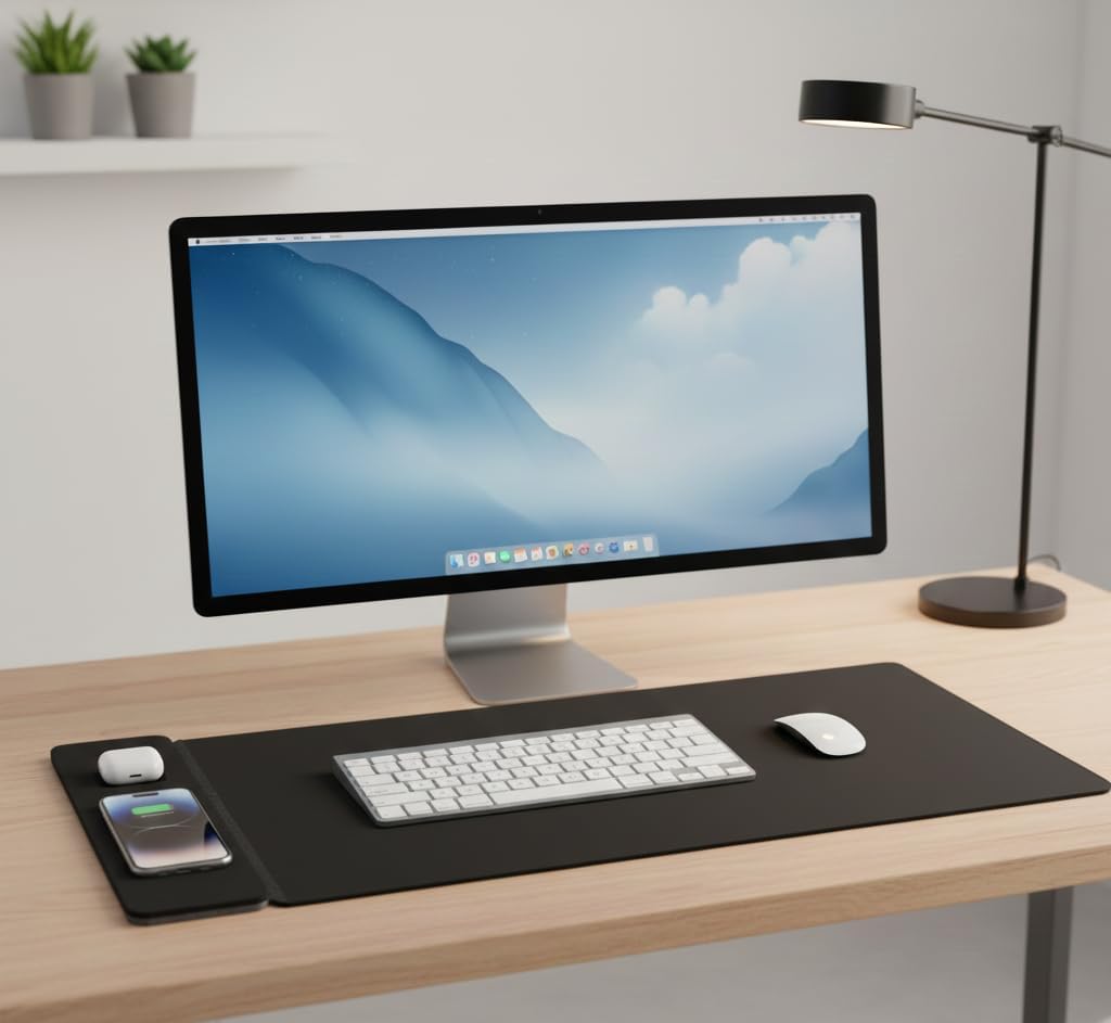 Wireless Charging Desk Mat & Mouse Pad – Detachable 15W Compatible with MagSafe & Qi Fast Charger, Dual-Layer PU Leather Desk Protector with Hidden Felt Storage (Black)