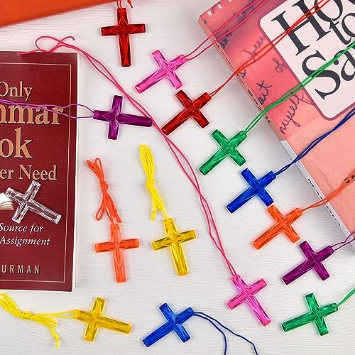 Mototo 72/240 PCS Christian Crystal Cross Necklace Plastic Cross Necklace Church Welcome DIY Crafts Christian Gift Bulk Religious Party Favors for Bible Sunday School Easter, 8 Colors4