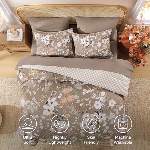 Image of Andency Twin Size 5 Piece Reversible Bed in a Bag - Botanical Floral & Gingham Comforter Set, Farmhouse Vintage Rustic Comforter,Brown
