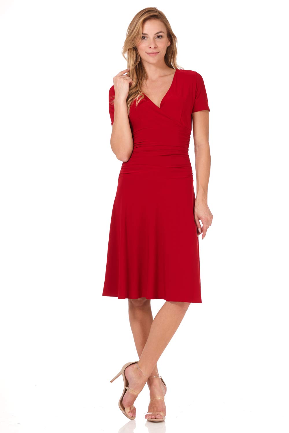 Rekucci Women's Slimming Short Sleeve Fit-N-Flare Crossover Tummy Control Dress