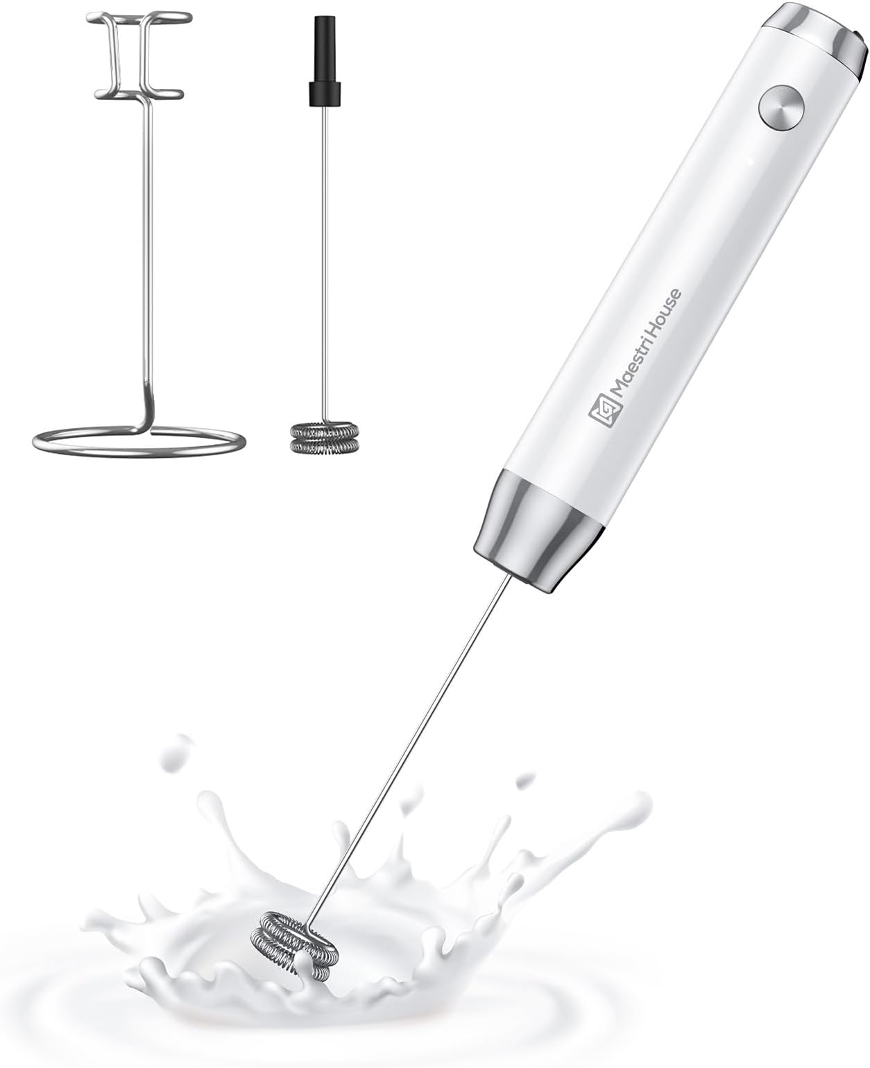 Maestri House Rechargeable Milk Frother with Stand, Handheld Electric Foam Maker Waterproof Detachable Stainless Steel Whisk Drink Mixer Foamer for Lattes, Cappuccino, LunaFro (White)
