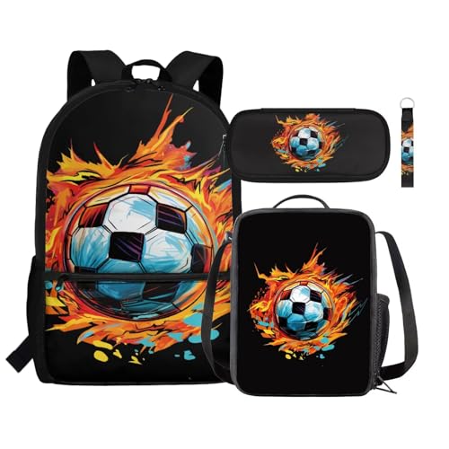 Zaino per bambini borsa termica per il pranzo portapenne astuccio da polso con cordino e portachiavi set 4 in 1 per il rientro a scuola Fiamma da calcio Taglia unica Zaini Daypack
