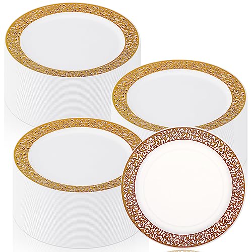 Skylety 100 Pieces White and Gold Plastic Plates Bulk 6 Inch Plastic Disposable Dessert Plates with Gold Lace Rim for Party Birthday Wedding Holiday Anniversary Supplies