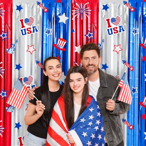 Image of WovWeave Red White Blue Decorations 2 Pack 3.3 x 6.6 Ft Patriotic 4th of July Tinsel Foil Fringe Curtains Star Firework Streamer Backdrop Photo Prop for Patriotic Independence Memorial Labor Day