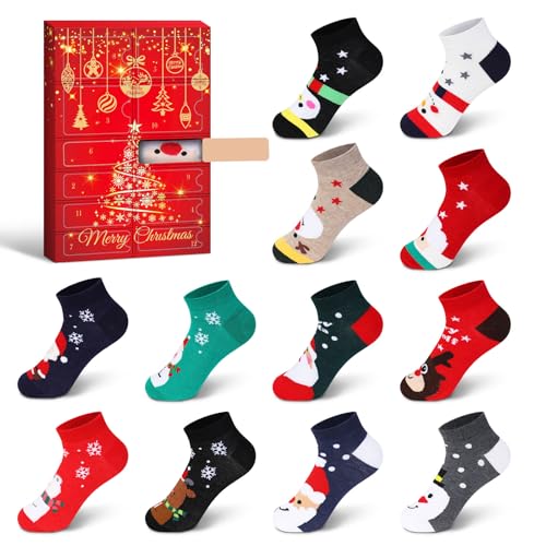 Dihope Calendrier de l'Avent - 12 paires de chaussettes de Noël pour femme - Chaussettes amusantes et colorées - Chaussettes chaudes pour l'hiver - Avec motifs de Noël - Cadeau de Noël pour la période