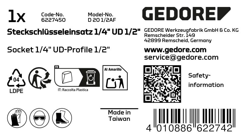 Gedore Socket 1/4 UD Profile 1/2 "D 20 1/2AF, 1/2''-1,3 cm - Image 2