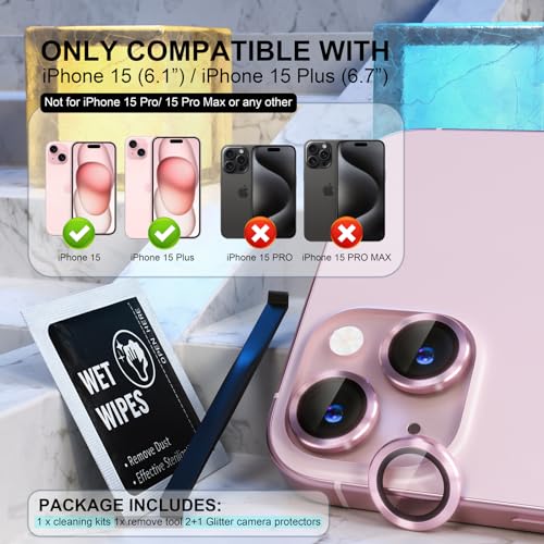 Image of CLITZ Aluminum Alloy Camera Lens Protector Compatible With iPhone 15 and 15 Plus | Anti-Scratch 9H Tempered Glass Film | Case-Friendly Ring Cover for Protection (Pink)