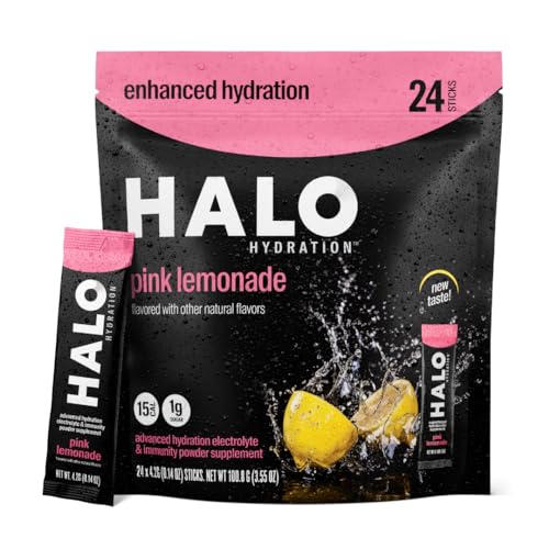 HALO Hydration – Electrolyte Drink Mix | Hydration Powder Packets | Pink Lemonade Flavor – For Sports and Cycling | Easy Open Single Serving Stick | 24 Sticks