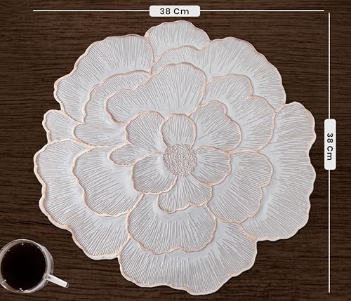 Image of Yellow Weaves 2 Pcs PVC Round Table Placemats, Dining Table Mat, Stain Resistant, Anti-Skid, Waterproof, Washable, Dining, Kitchen, Restaurant Table Set Easy to Clean, Durable (Floral Rose Gold)