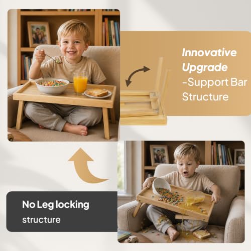Image of Bamboo Bed Table Tray with Support Bar and Foldable Legs, Breakfast Food Trays Table for Bed Sofa Eating and Laptops, TV Lap Tray Table on Couch (Applied for Invention Patent)